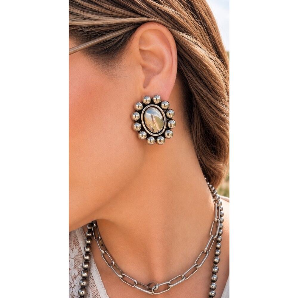 VTG Native Style Concho Earrings Silver Tone Large Post Stud Southwestern Boho